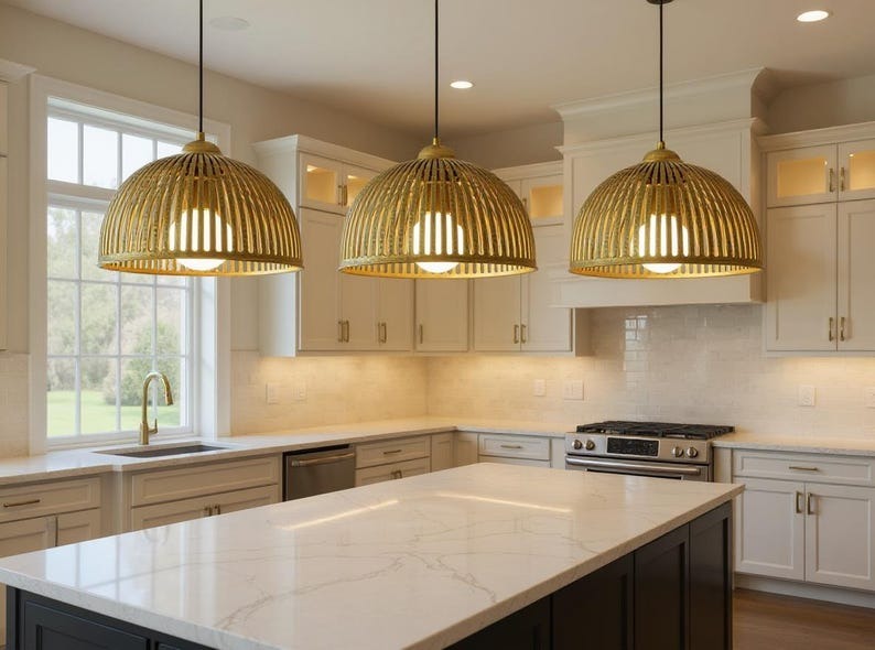 Ribbed Brass Cage Dome Pendant Light, Handmade Moroccan Slatted Gold Brass Chandelier, Rustic Kitchen Island Hanging Lamp, Boho Farmhouse Dining Room Ceiling Light Fixture