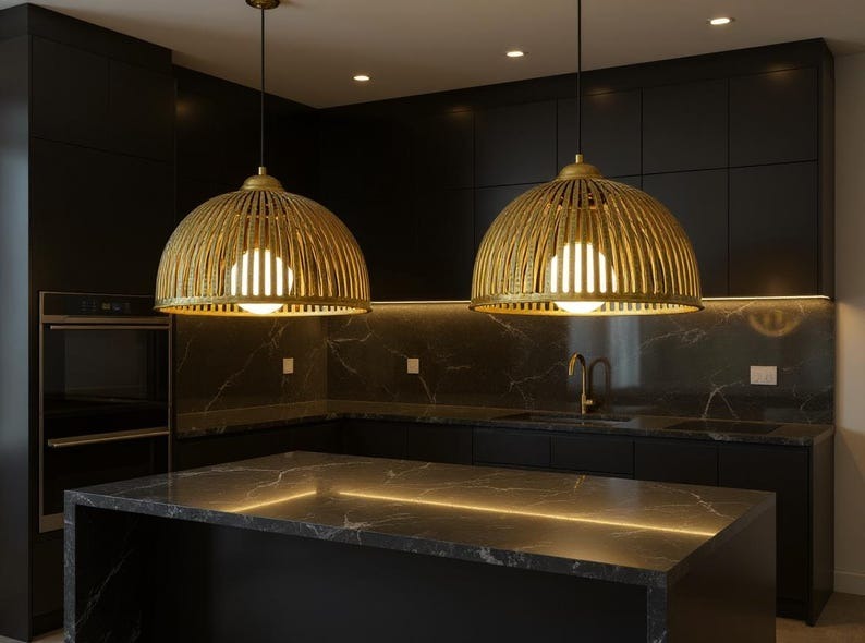 Ribbed Brass Cage Dome Pendant Light, Handmade Moroccan Slatted Gold Brass Chandelier, Rustic Kitchen Island Hanging Lamp, Boho Farmhouse Dining Room Ceiling Light Fixture