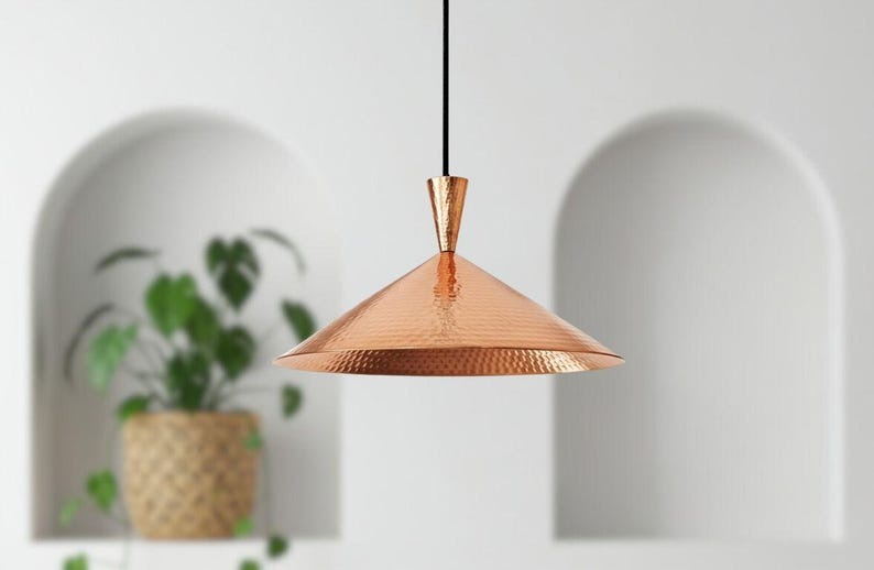 Handmade Moroccan Brass Cone Pendant Light – Hammered Copper Brass Hanging Lamp with Matching Ceiling Canopy, Modern Boho Mediterranean Ceiling Light for Kitchen Island, Dining Room, Bedroom & Entryway