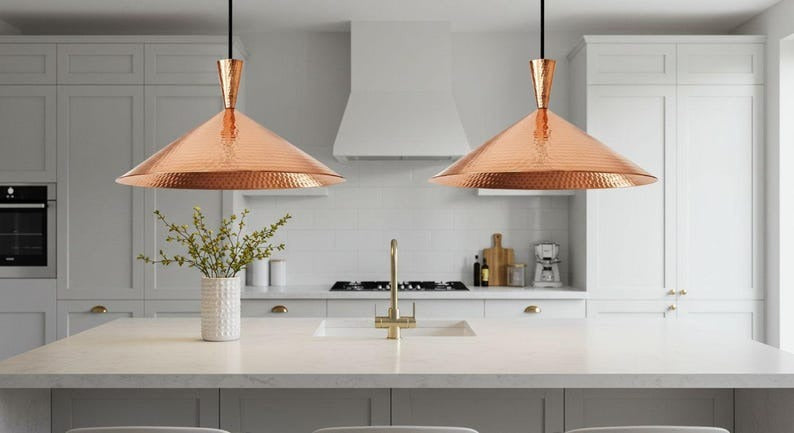 Handmade Moroccan Brass Cone Pendant Light – Hammered Copper Brass Hanging Lamp with Matching Ceiling Canopy, Modern Boho Mediterranean Ceiling Light for Kitchen Island, Dining Room, Bedroom & Entryway
