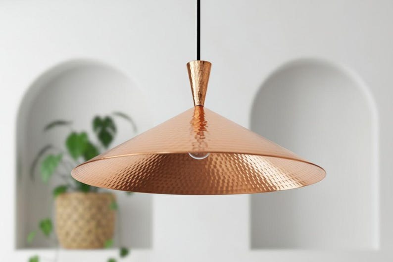 Handmade Moroccan Brass Cone Pendant Light – Hammered Copper Brass Hanging Lamp with Matching Ceiling Canopy, Modern Boho Mediterranean Ceiling Light for Kitchen Island, Dining Room, Bedroom & Entryway