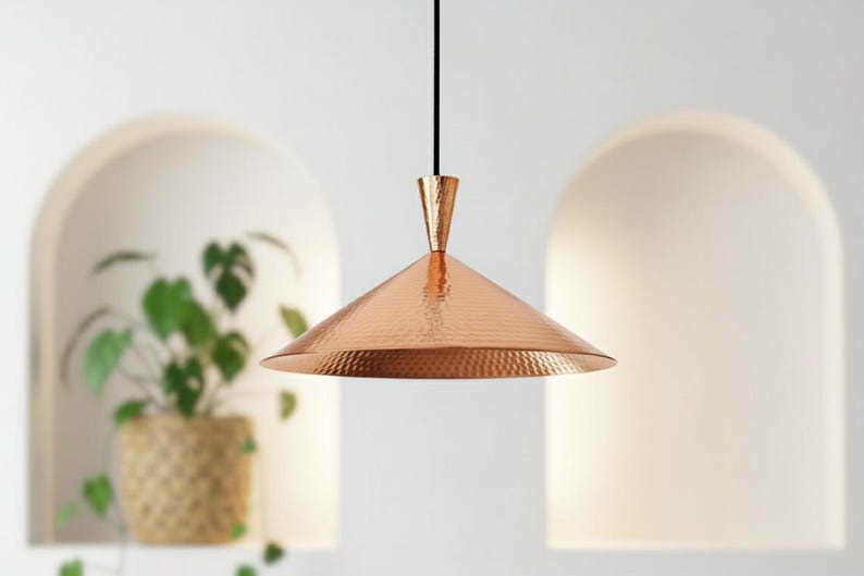 Handmade Moroccan Brass Cone Pendant Light – Hammered Copper Brass Hanging Lamp with Matching Ceiling Canopy, Modern Boho Mediterranean Ceiling Light for Kitchen Island, Dining Room, Bedroom & Entryway