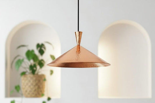 Handmade Moroccan Brass Cone Pendant Light – Hammered Copper Brass Hanging Lamp with Matching Ceiling Canopy, Modern Boho Mediterranean Ceiling Light for Kitchen Island, Dining Room, Bedroom & Entryway