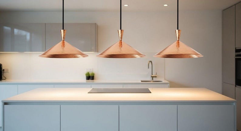Handmade Moroccan Brass Cone Pendant Light – Hammered Copper Brass Hanging Lamp with Matching Ceiling Canopy, Modern Boho Mediterranean Ceiling Light for Kitchen Island, Dining Room, Bedroom & Entryway