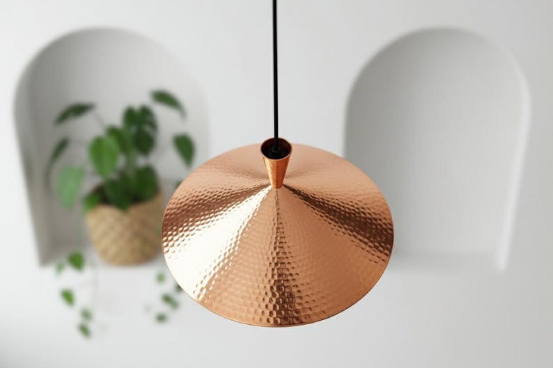 Handmade Moroccan Brass Cone Pendant Light – Hammered Copper Brass Hanging Lamp with Matching Ceiling Canopy, Modern Boho Mediterranean Ceiling Light for Kitchen Island, Dining Room, Bedroom & Entryway