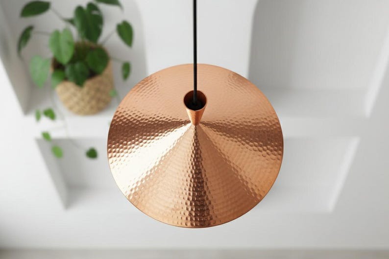 Handmade Moroccan Brass Cone Pendant Light – Hammered Copper Brass Hanging Lamp with Matching Ceiling Canopy, Modern Boho Mediterranean Ceiling Light for Kitchen Island, Dining Room, Bedroom & Entryway