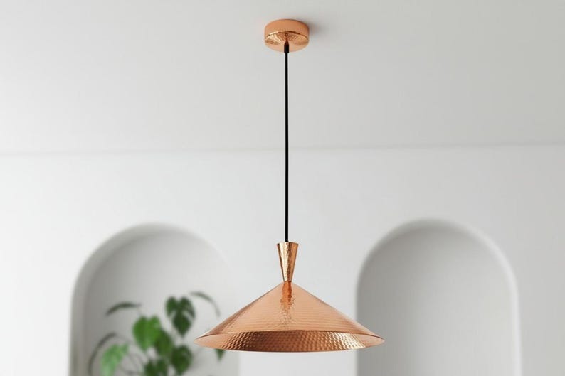 Handmade Moroccan Brass Cone Pendant Light – Hammered Copper Brass Hanging Lamp with Matching Ceiling Canopy, Modern Boho Mediterranean Ceiling Light for Kitchen Island, Dining Room, Bedroom & Entryway