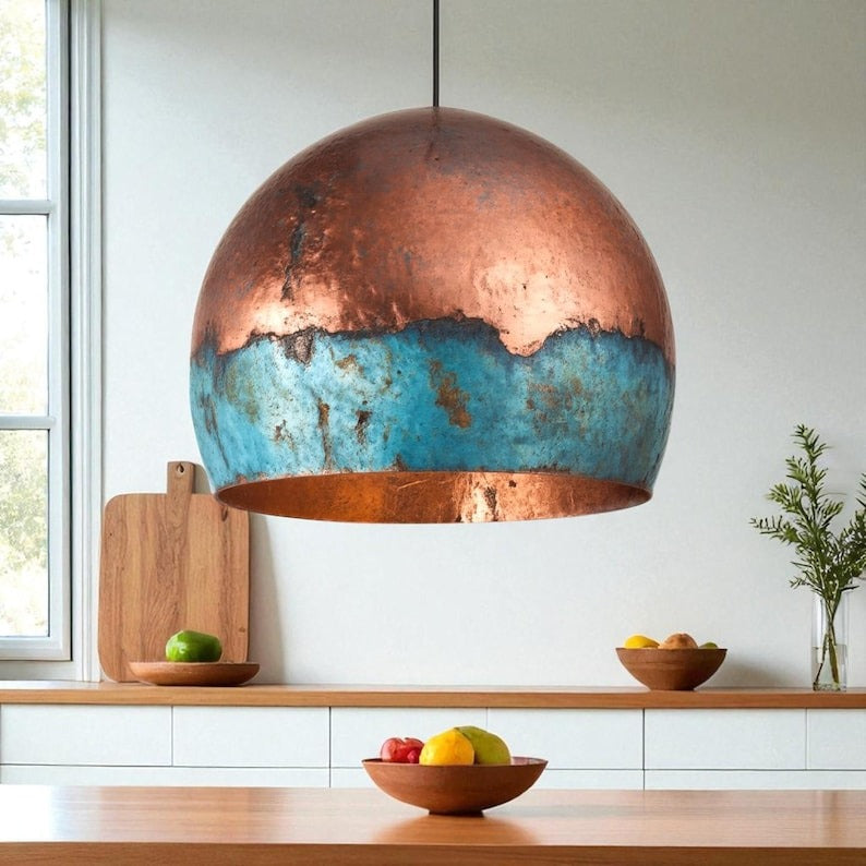 Large Verdigris Brass Dome Pendant Light – Aged Copper & Turquoise Kitchen Island Chandelier