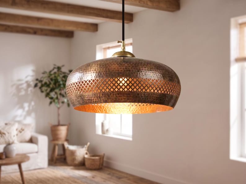 Handmade Moroccan Brass Dome Pendant Light – Hammered Antique Copper Brass Hanging Lamp with Diamond Lattice Band and Warm Gold Interior for Kitchen Island, Dining Room & Living Room