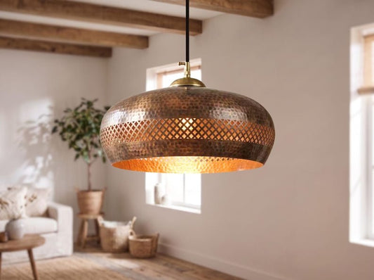 Handmade Moroccan Brass Dome Pendant Light – Hammered Antique Copper Brass Hanging Lamp with Diamond Lattice Band and Warm Gold Interior for Kitchen Island, Dining Room & Living Room
