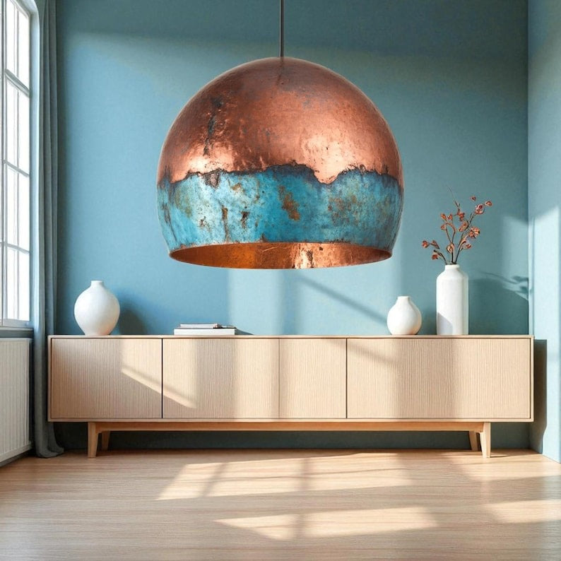 Large Verdigris Brass Dome Pendant Light – Aged Copper & Turquoise Kitchen Island Chandelier