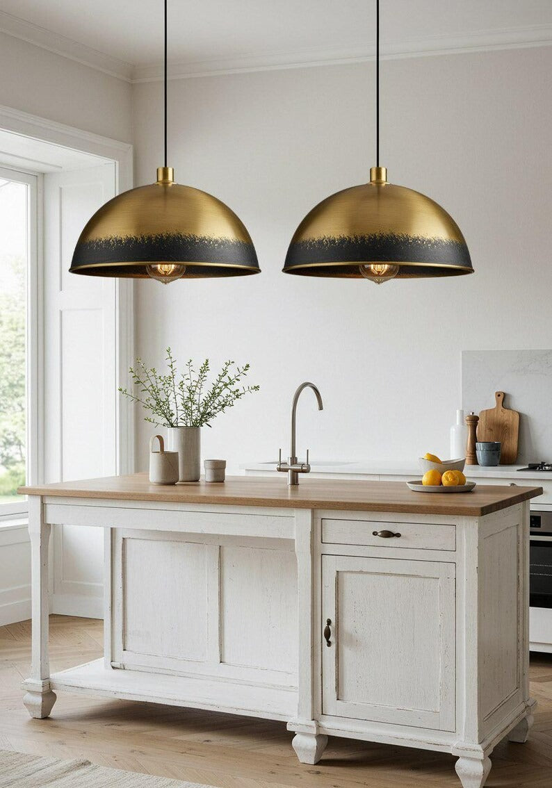 Two-Tone Brass Dome Pendant Light – Antique Gold & Black Kitchen Island Chandelier