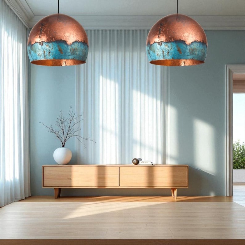 Large Verdigris Brass Dome Pendant Light – Aged Copper & Turquoise Kitchen Island Chandelier
