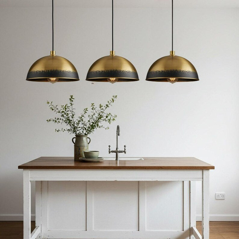 Two-Tone Brass Dome Pendant Light – Antique Gold & Black Kitchen Island Chandelier