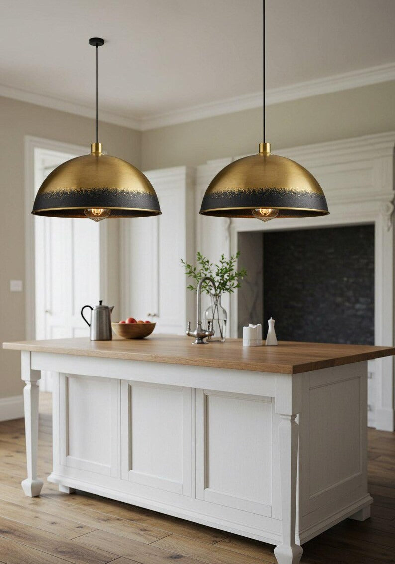 Two-Tone Brass Dome Pendant Light – Antique Gold & Black Kitchen Island Chandelier