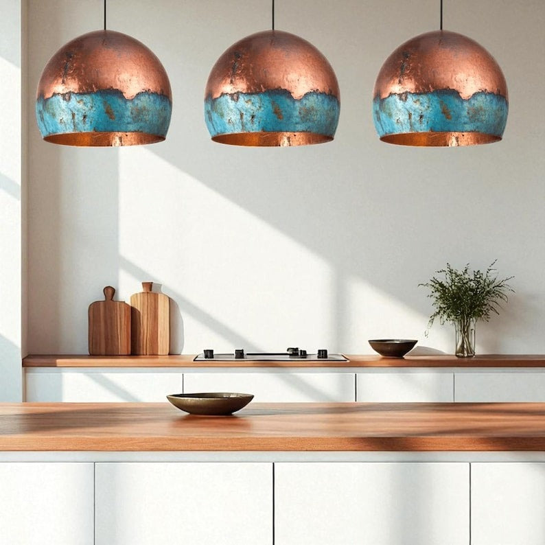 Large Verdigris Brass Dome Pendant Light – Aged Copper & Turquoise Kitchen Island Chandelier