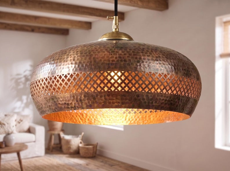 Handmade Moroccan Brass Dome Pendant Light – Hammered Antique Copper Brass Hanging Lamp with Diamond Lattice Band and Warm Gold Interior for Kitchen Island, Dining Room & Living Room