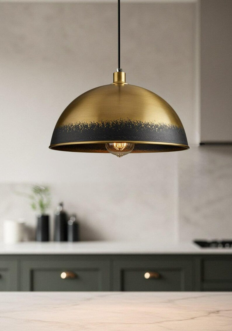 Two-Tone Brass Dome Pendant Light – Antique Gold & Black Kitchen Island Chandelier