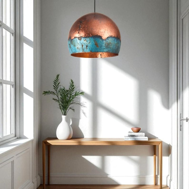 Large Verdigris Brass Dome Pendant Light – Aged Copper & Turquoise Kitchen Island Chandelier