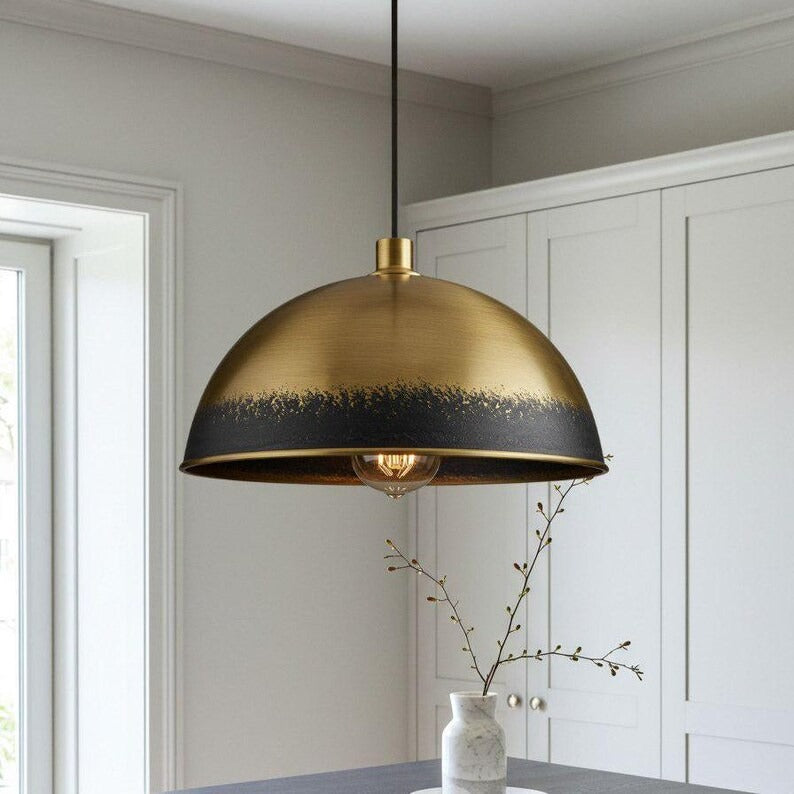 Two-Tone Brass Dome Pendant Light – Antique Gold & Black Kitchen Island Chandelier