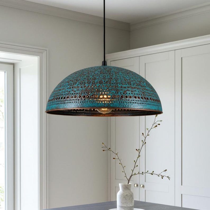 Verdigris Brass Dome Pendant Light – Pierced Moroccan Kitchen Island Chandelier with Turquoise Patina