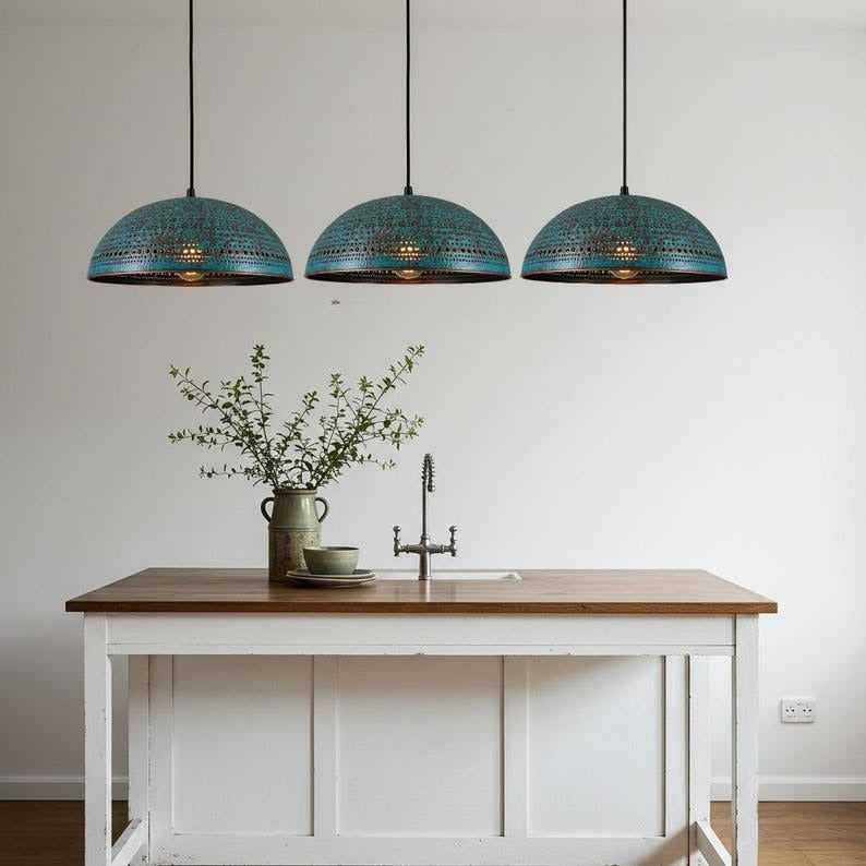 Verdigris Brass Dome Pendant Light – Pierced Moroccan Kitchen Island Chandelier with Turquoise Patina