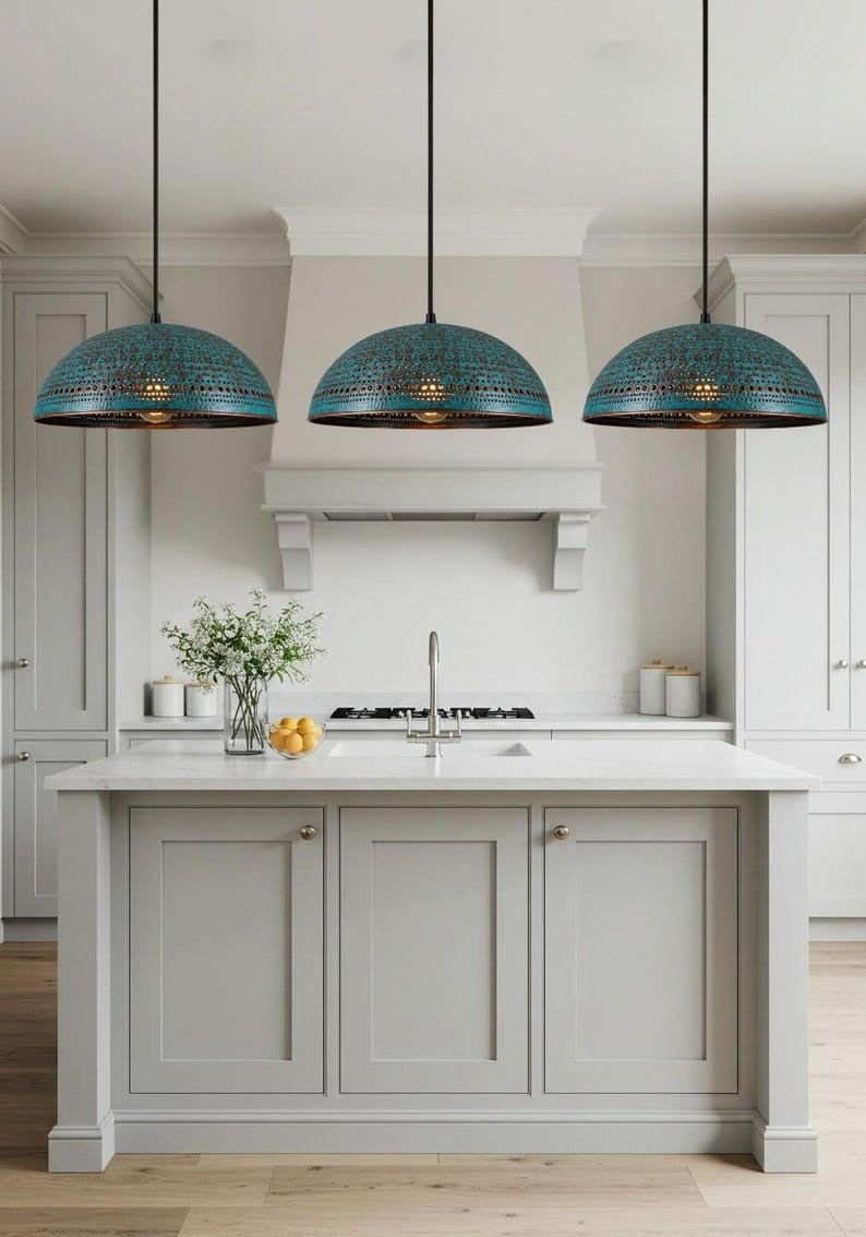 Verdigris Brass Dome Pendant Light – Pierced Moroccan Kitchen Island Chandelier with Turquoise Patina