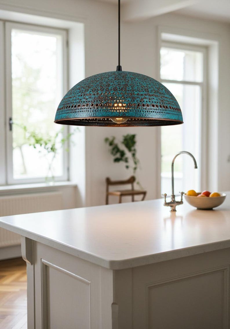 Verdigris Brass Dome Pendant Light – Pierced Moroccan Kitchen Island Chandelier with Turquoise Patina