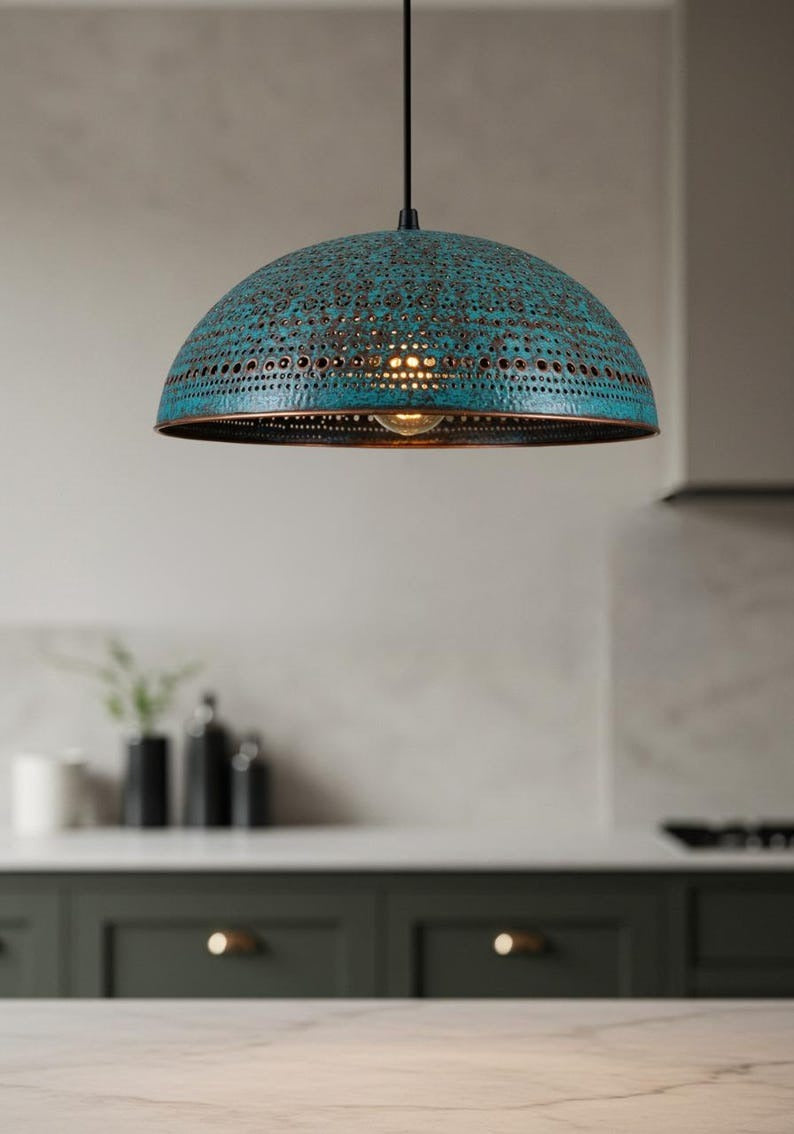 Verdigris Brass Dome Pendant Light – Pierced Moroccan Kitchen Island Chandelier with Turquoise Patina