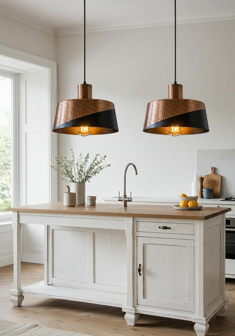 Hammered Brass Drum Pendant Light – Copper & Black Two-Tone Kitchen Island Chandelier