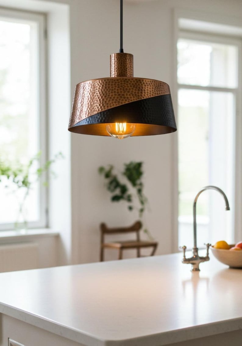 Hammered Brass Drum Pendant Light – Copper & Black Two-Tone Kitchen Island Chandelier