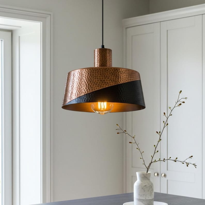 Hammered Brass Drum Pendant Light – Copper & Black Two-Tone Kitchen Island Chandelier