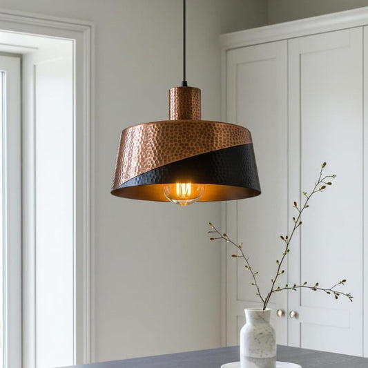 Hammered Brass Drum Pendant Light – Copper & Black Two-Tone Kitchen Island Chandelier
