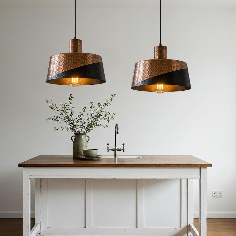 Hammered Brass Drum Pendant Light – Copper & Black Two-Tone Kitchen Island Chandelier