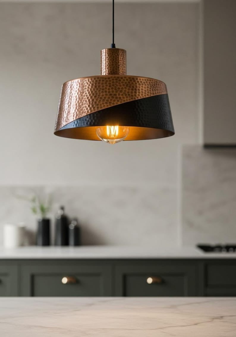 Hammered Brass Drum Pendant Light – Copper & Black Two-Tone Kitchen Island Chandelier
