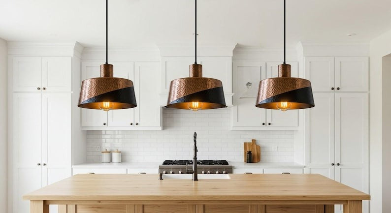 Hammered Brass Drum Pendant Light – Copper & Black Two-Tone Kitchen Island Chandelier