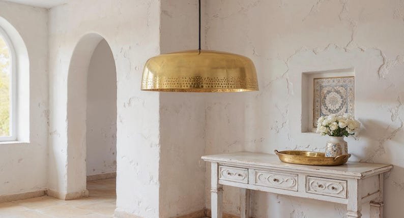 Antique Brass Saucer Pendant Light, Handmade Moroccan Pierced Brass Dome Chandelier, Wide Gold Brass Kitchen Island Hanging Lamp, Rustic Boho Farmhouse Ceiling Light Fixture