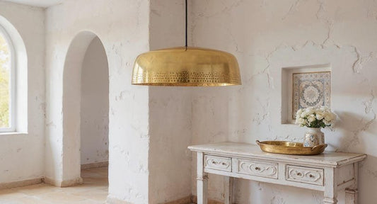Antique Brass Saucer Pendant Light, Handmade Moroccan Pierced Brass Dome Chandelier, Wide Gold Brass Kitchen Island Hanging Lamp, Rustic Boho Farmhouse Ceiling Light Fixture