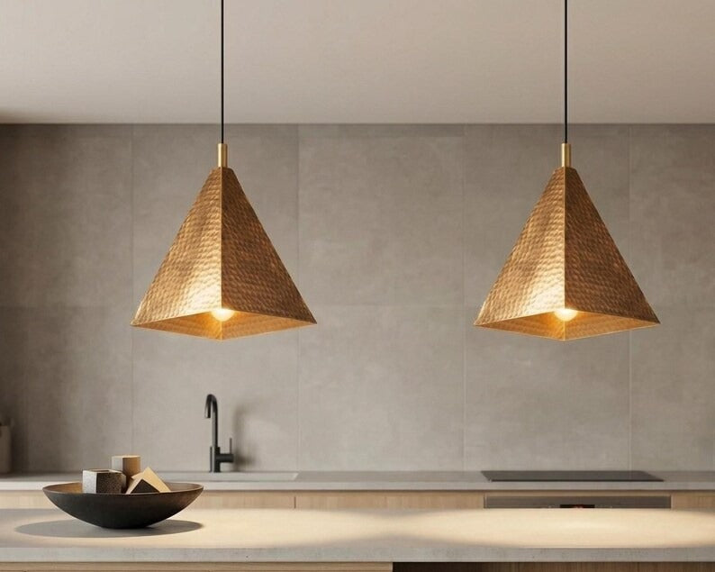 Handmade Moroccan Brass Pyramid Pendant Light – Hammered Copper Brass Geometric Hanging Lamp, Modern Boho Ceiling Light for Kitchen Island, Dining Room, Bedroom & Entryway