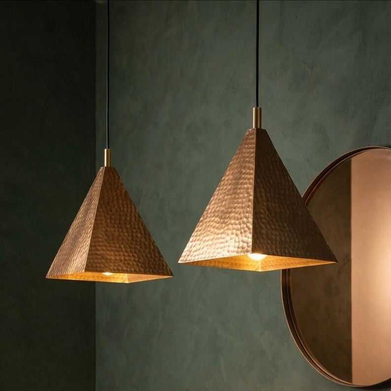 Handmade Moroccan Brass Pyramid Pendant Light – Hammered Copper Brass Geometric Hanging Lamp, Modern Boho Ceiling Light for Kitchen Island, Dining Room, Bedroom & Entryway