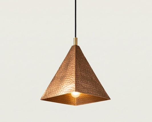Handmade Moroccan Brass Pyramid Pendant Light – Hammered Copper Brass Geometric Hanging Lamp, Modern Boho Ceiling Light for Kitchen Island, Dining Room, Bedroom & Entryway