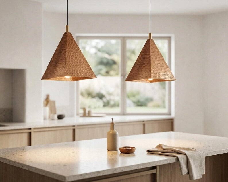 Handmade Moroccan Brass Pyramid Pendant Light – Hammered Copper Brass Geometric Hanging Lamp, Modern Boho Ceiling Light for Kitchen Island, Dining Room, Bedroom & Entryway