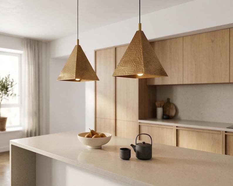 Handmade Moroccan Brass Pyramid Pendant Light – Hammered Copper Brass Geometric Hanging Lamp, Modern Boho Ceiling Light for Kitchen Island, Dining Room, Bedroom & Entryway