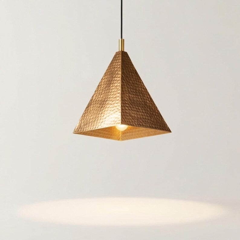 Handmade Moroccan Brass Pyramid Pendant Light – Hammered Copper Brass Geometric Hanging Lamp, Modern Boho Ceiling Light for Kitchen Island, Dining Room, Bedroom & Entryway