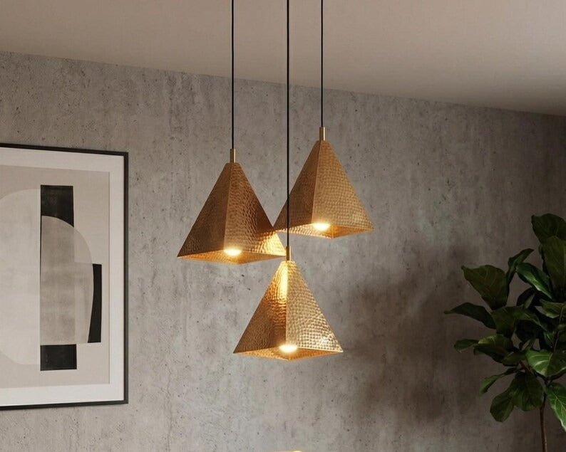Handmade Moroccan Brass Pyramid Pendant Light – Hammered Copper Brass Geometric Hanging Lamp, Modern Boho Ceiling Light for Kitchen Island, Dining Room, Bedroom & Entryway