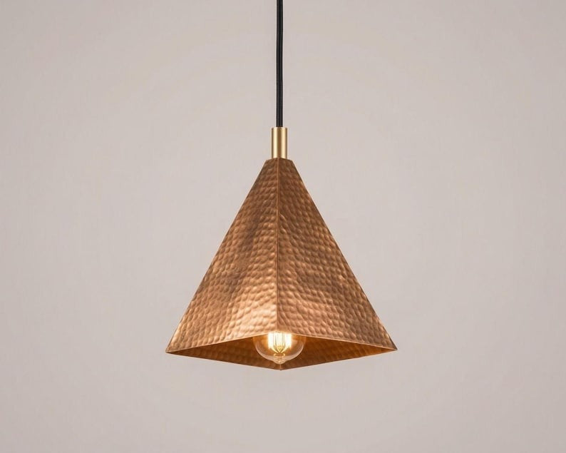 Handmade Moroccan Brass Pyramid Pendant Light – Hammered Copper Brass Geometric Hanging Lamp, Modern Boho Ceiling Light for Kitchen Island, Dining Room, Bedroom & Entryway