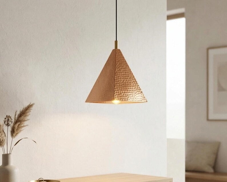 Handmade Moroccan Brass Pyramid Pendant Light – Hammered Copper Brass Geometric Hanging Lamp, Modern Boho Ceiling Light for Kitchen Island, Dining Room, Bedroom & Entryway