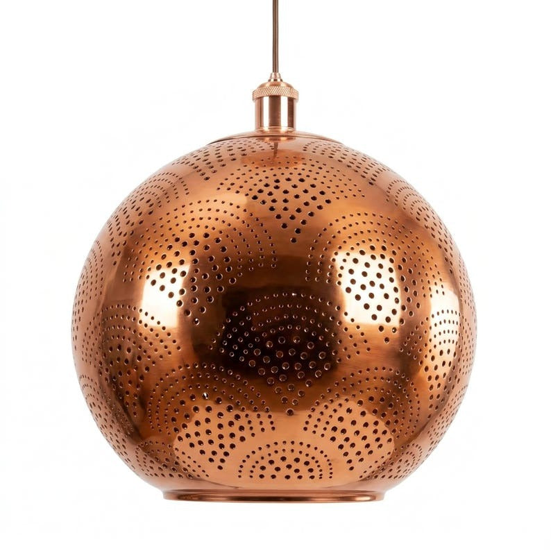 Handmade Moroccan Brass Globe Pendant Light – Perforated Copper Brass Hanging Lamp with Geometric Starburst Pattern, Boho Moorish Ceiling Light for Kitchen Island, Dining Room, Bedroom & Entryway