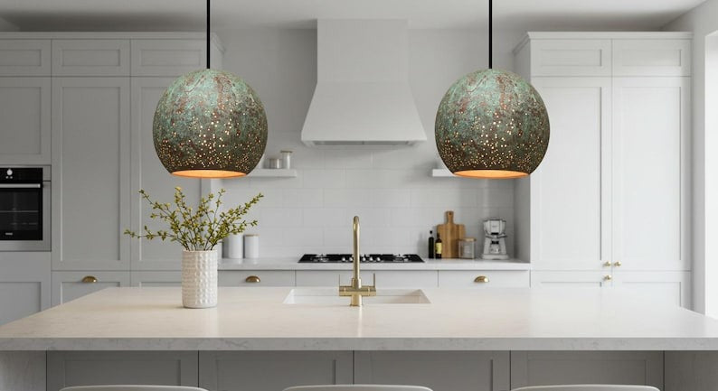 Handmade Moroccan Brass Globe Pendant Light – Green Verdigris Patina Hanging Lamp with Pierced Dot Pattern and Warm Gold Interior for Kitchen Island, Dining Room & Bedroom