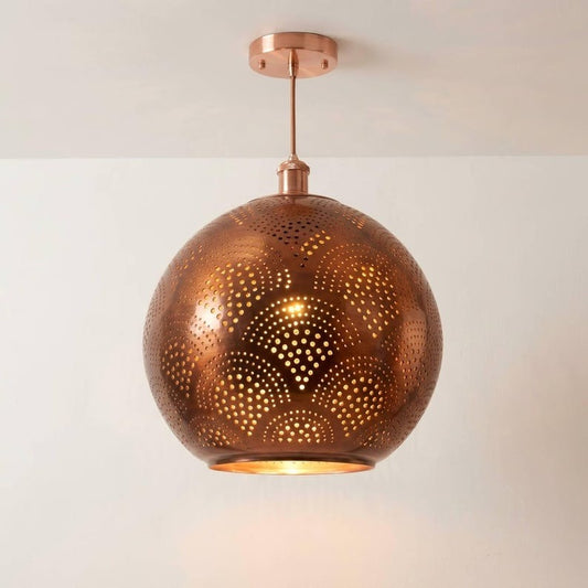 Handmade Moroccan Brass Globe Pendant Light – Perforated Copper Brass Hanging Lamp with Geometric Starburst Pattern, Boho Moorish Ceiling Light for Kitchen Island, Dining Room, Bedroom & Entryway
